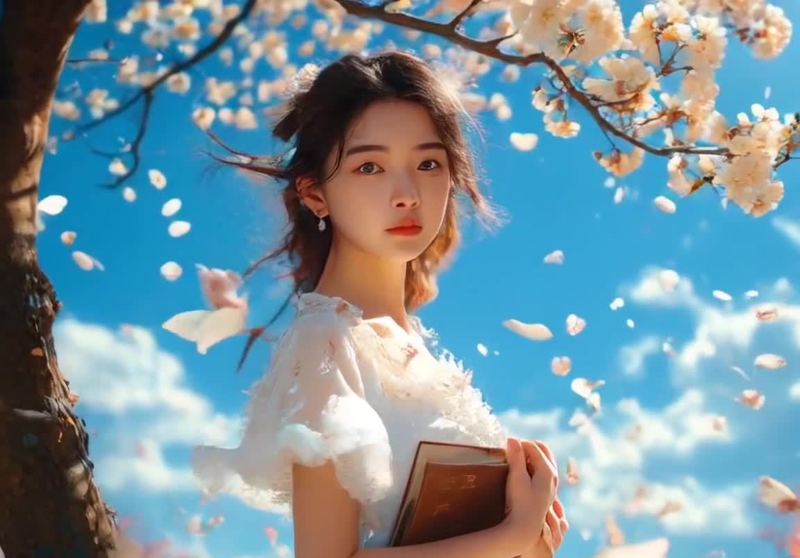 手持书本的少女在落花与蓝天下回望