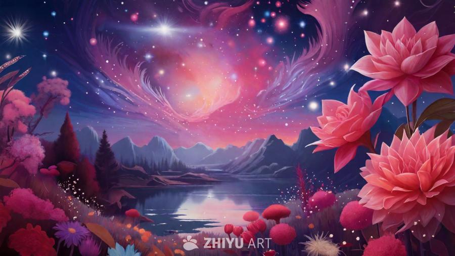 一幅数字艺术作品，描绘了星空下的奇幻景象。前景中呈