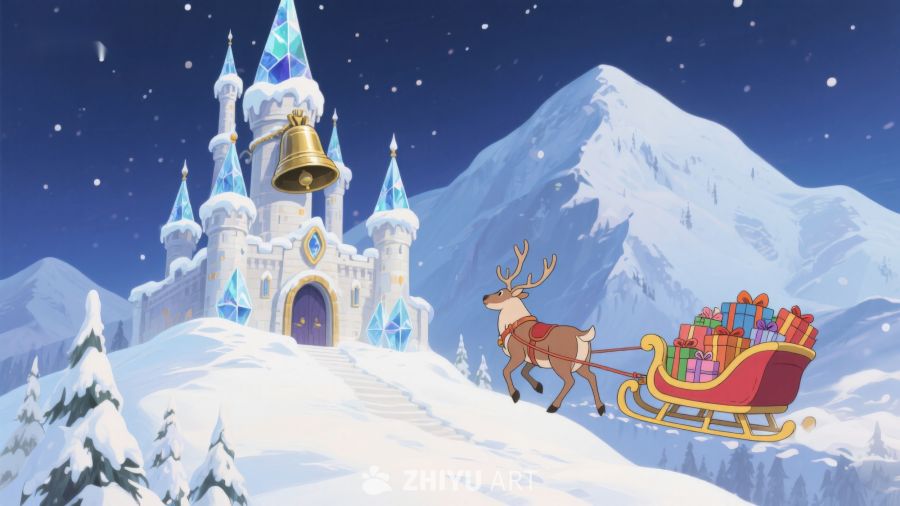 雪夜城堡与驯鹿雪橇 370