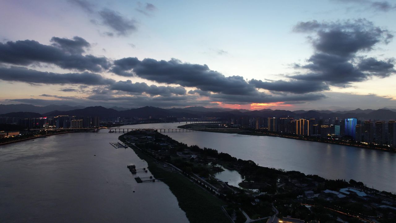 浙江温州瓯江江心屿日落晚霞航拍 