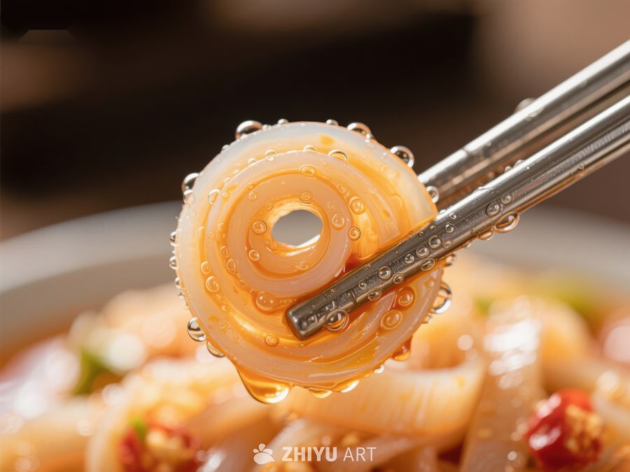 筷子夹起透明胶质食物特写 718