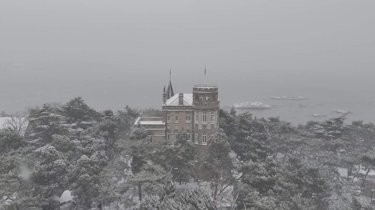 青岛第三海水浴场城市海边雪景航拍 6