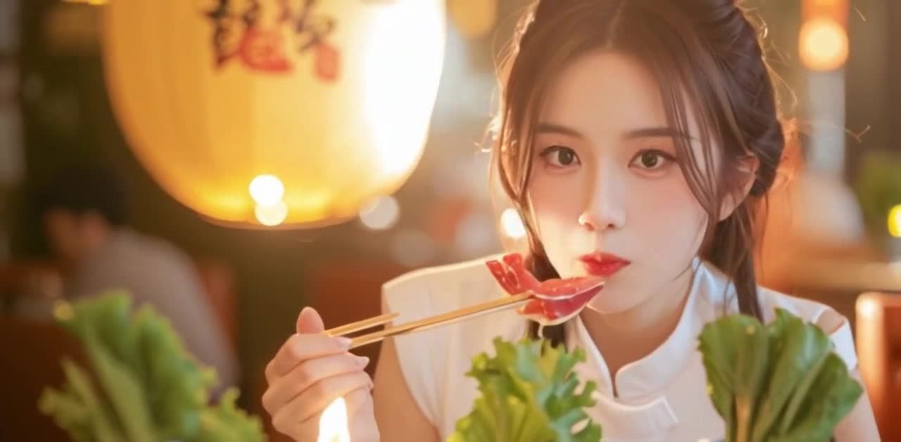 一位女性手持筷子，夹着一片肉。她的嘴唇涂着口红，正