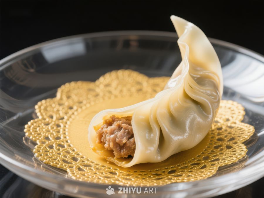 精致饺子置于金色蕾丝垫上 404