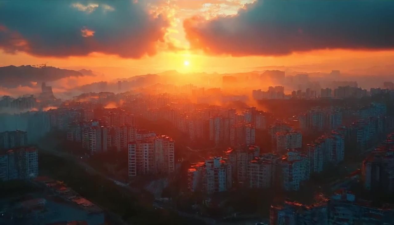 画面中呈现一个中国小城市郊区的鸟瞰图，夕阳透过云层