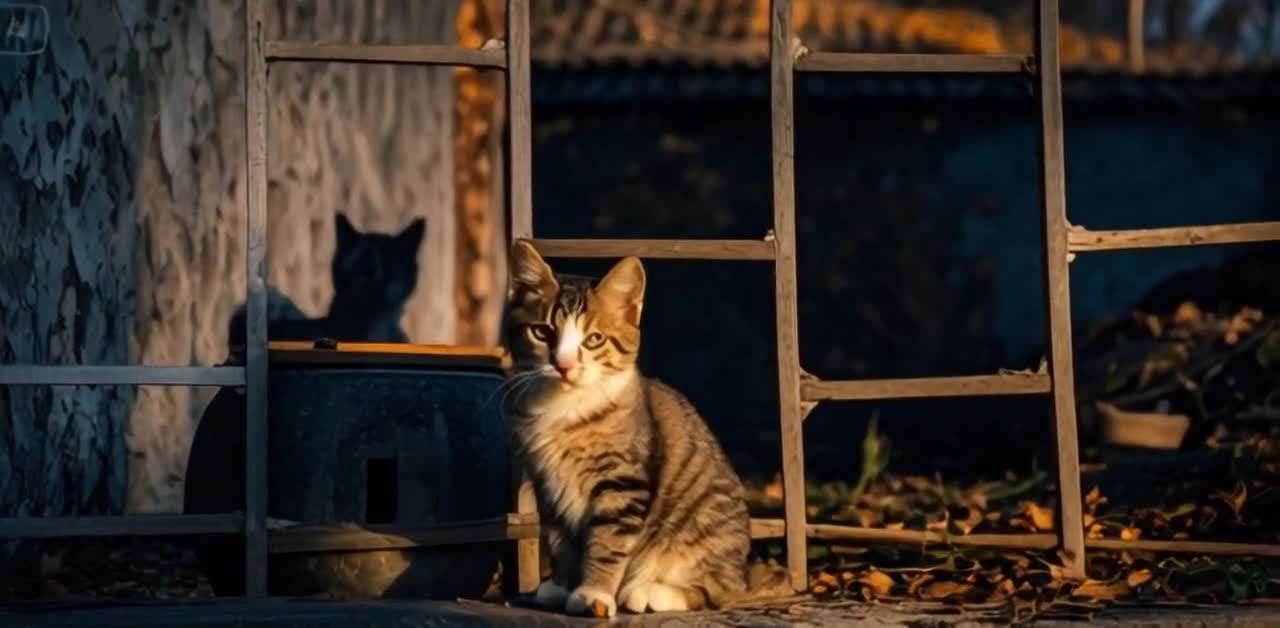 阳光下的猫咪与影子：框架结构前的观察