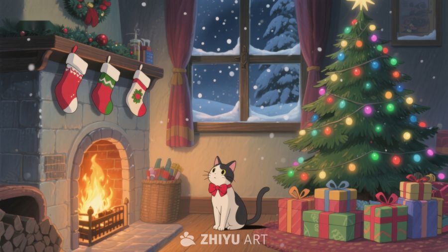 温馨圣诞夜，猫咪静守炉火旁 321