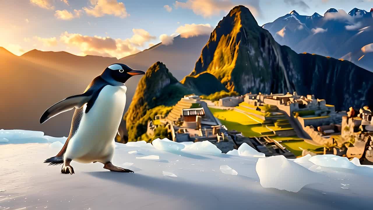 前景中有一只企鹅站在冰面上，背景是一座雄伟的山脉和