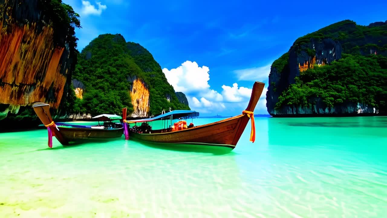 两艘木制长尾船漂浮在清澈的翡翠色水面上，船上装饰着