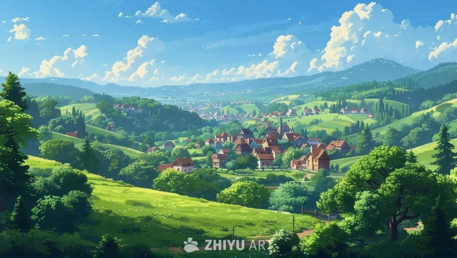 天空湛蓝，漂浮着朵朵白云。远处是连绵起伏的青山，山