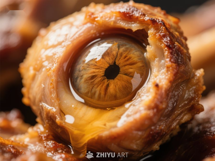 烤制眼球特写，细节逼真