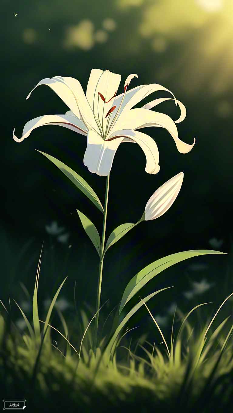 一朵洁白的百合花，安静地立在草丛中 6