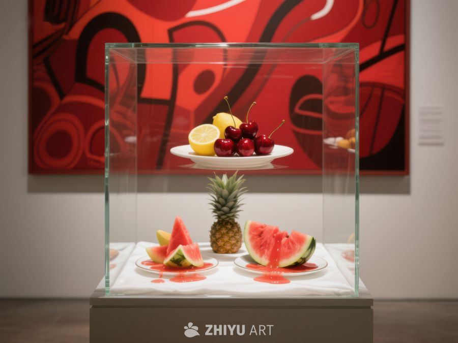 水果展示柜与抽象画背景 548