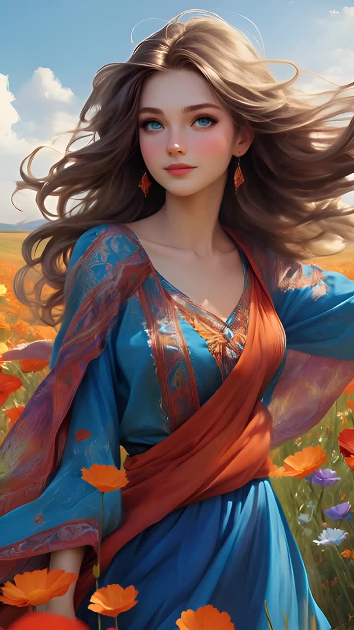 一位有着棕色长发和蓝色眼睛的年轻女子，戴着橙色耳环