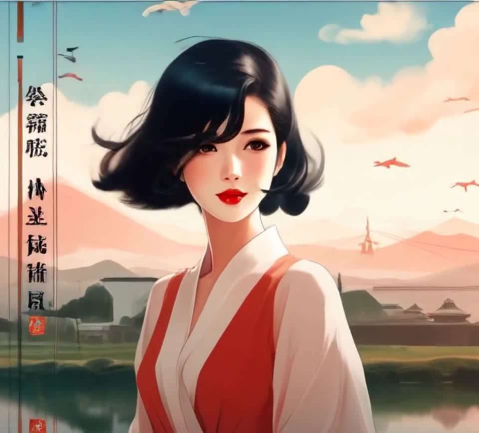 一位留着黑色短发，身穿红白相间和服的女子。女子的脸
