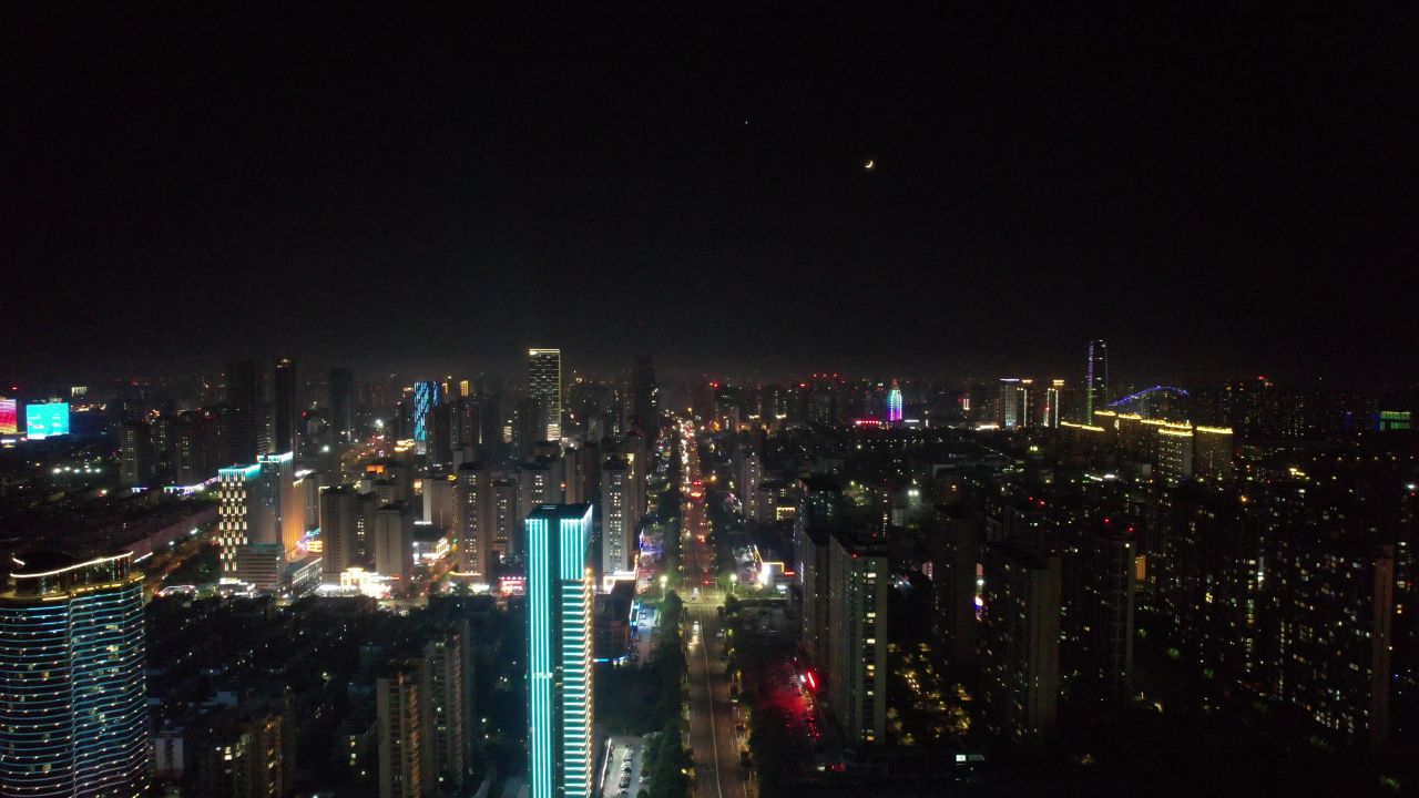 山东日照城市夜景灯光航拍  