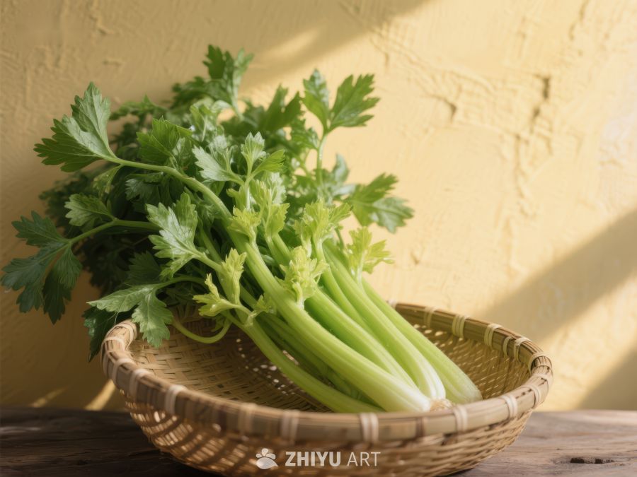 新鲜芹菜置于竹篮中 595