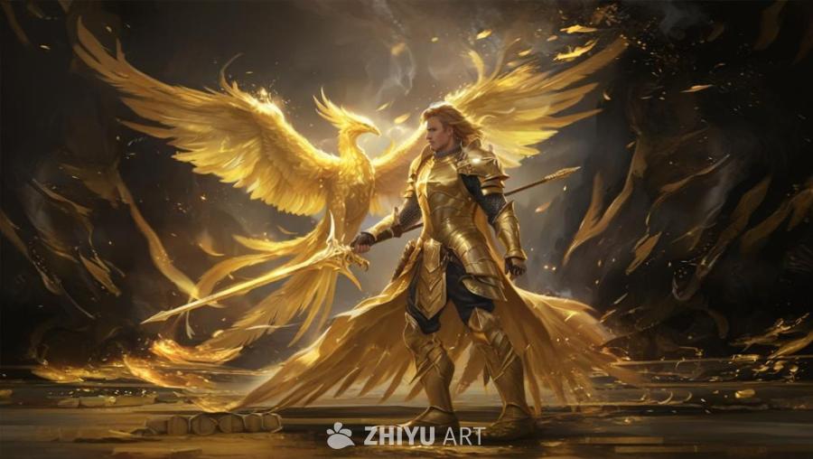 身着金色盔甲的男子手持剑站在画面中央，他身后有一只