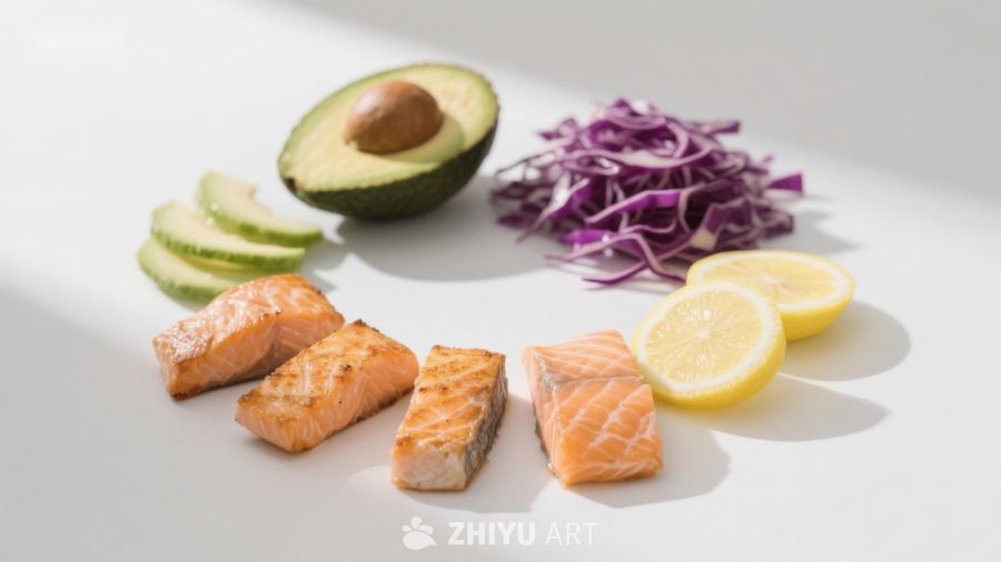 三文鱼与蔬菜食材摆盘