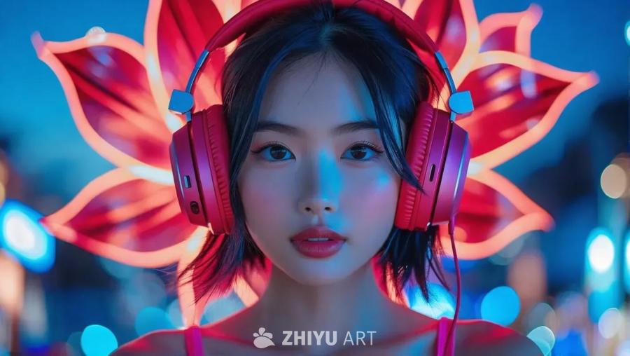 一个亚洲女孩，全身，戴着红色和粉色的耳机，黑色短发