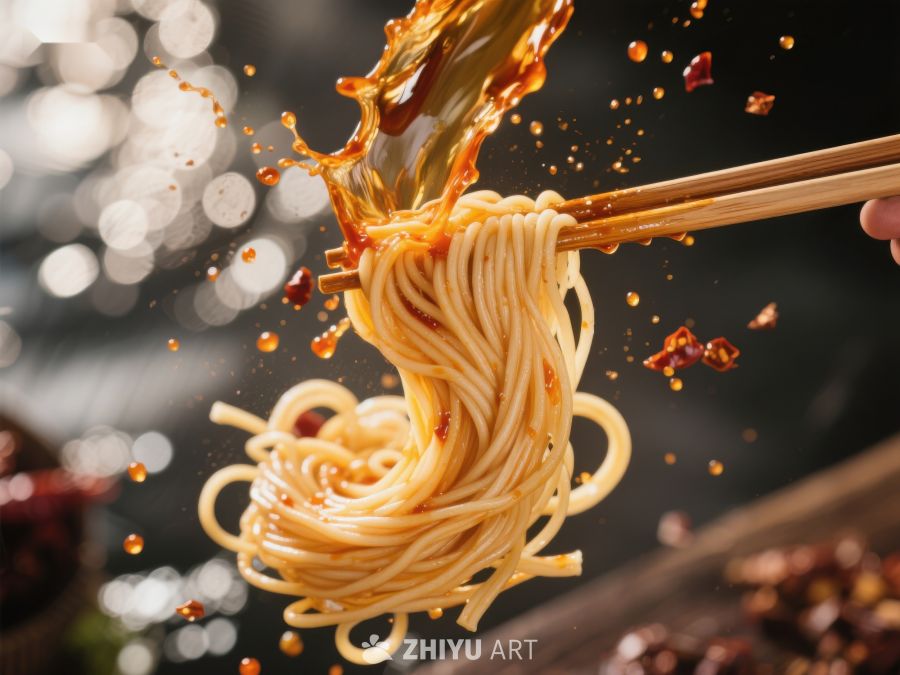 热辣面条被筷子挑起，酱汁飞溅 1294