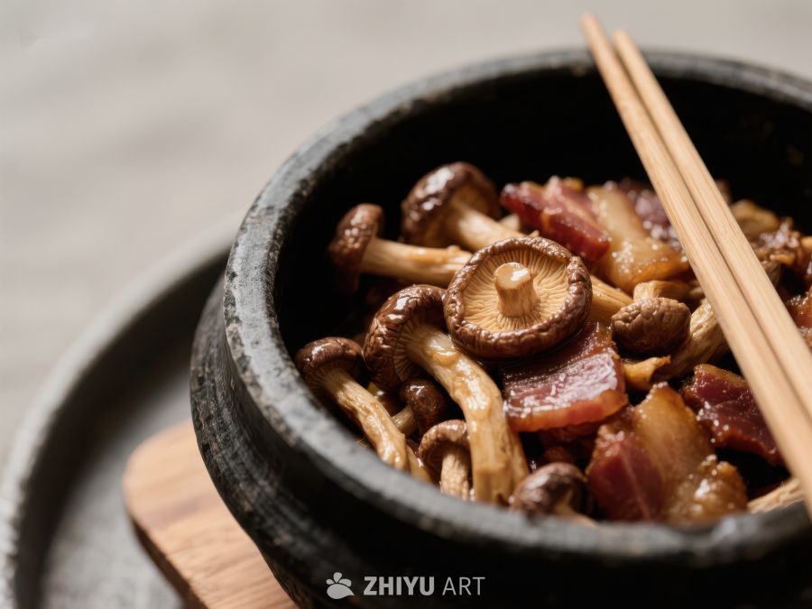 石锅中的蘑菇培根料理 876
