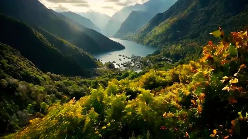 群山环绕着水域，水域岸边散落着房屋，前景是绿色的植