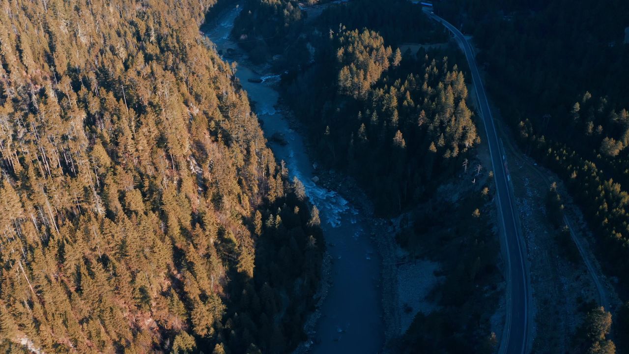 航拍西藏波密的森林河流