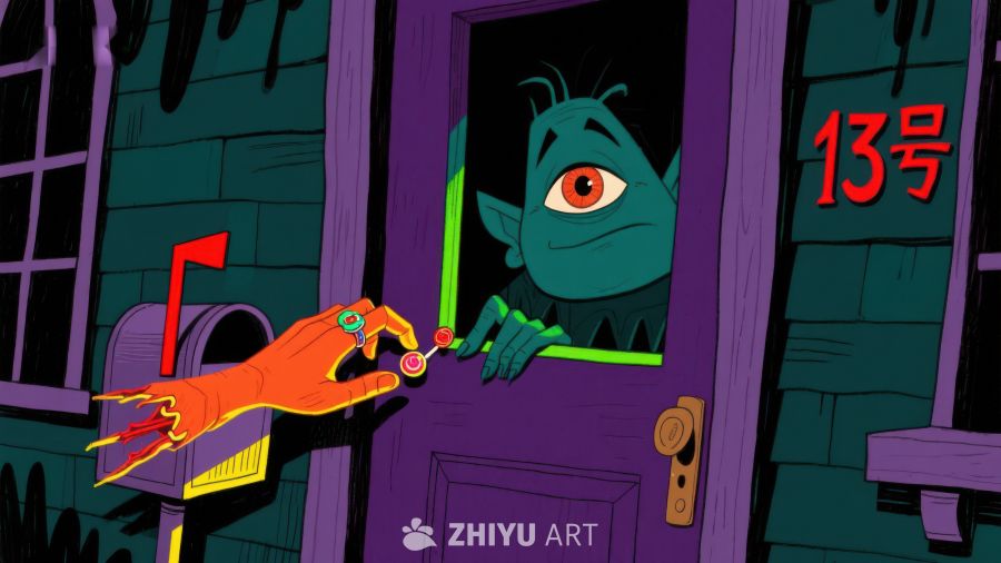 怪兽从门后窥视，手伸向邮箱