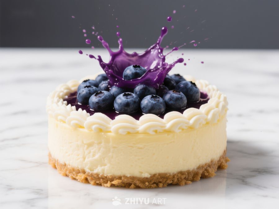 蓝莓芝士蛋糕上的紫色果酱飞溅