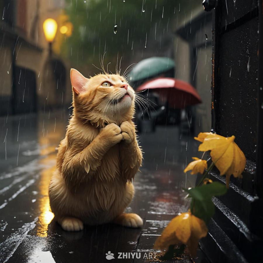 一只姜黄色的猫站在雨中，抬头向上看，两只前爪合在一