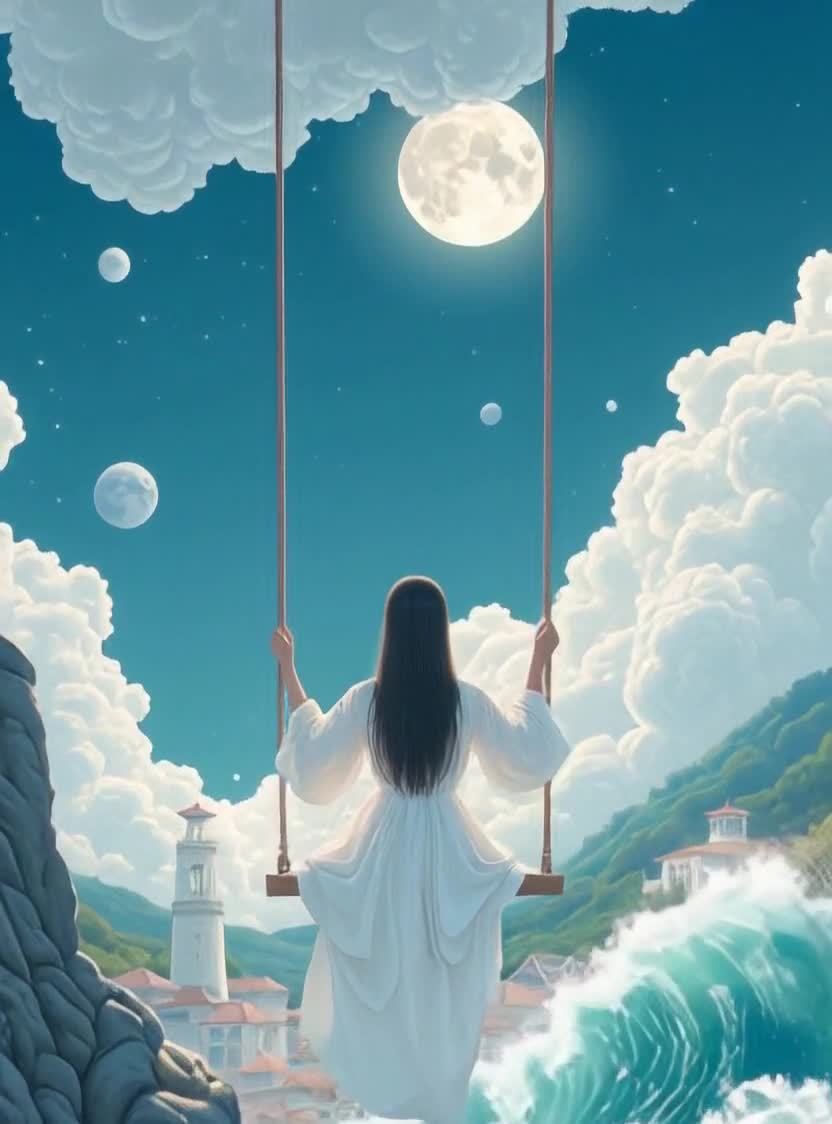 海边秋千少女仰望明月星空，梦幻唯美意境