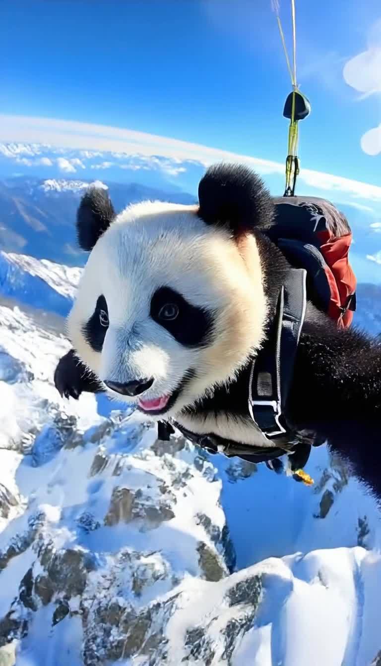 一只熊猫背着背包，通过连接的绳索正在进行跳伞活动，