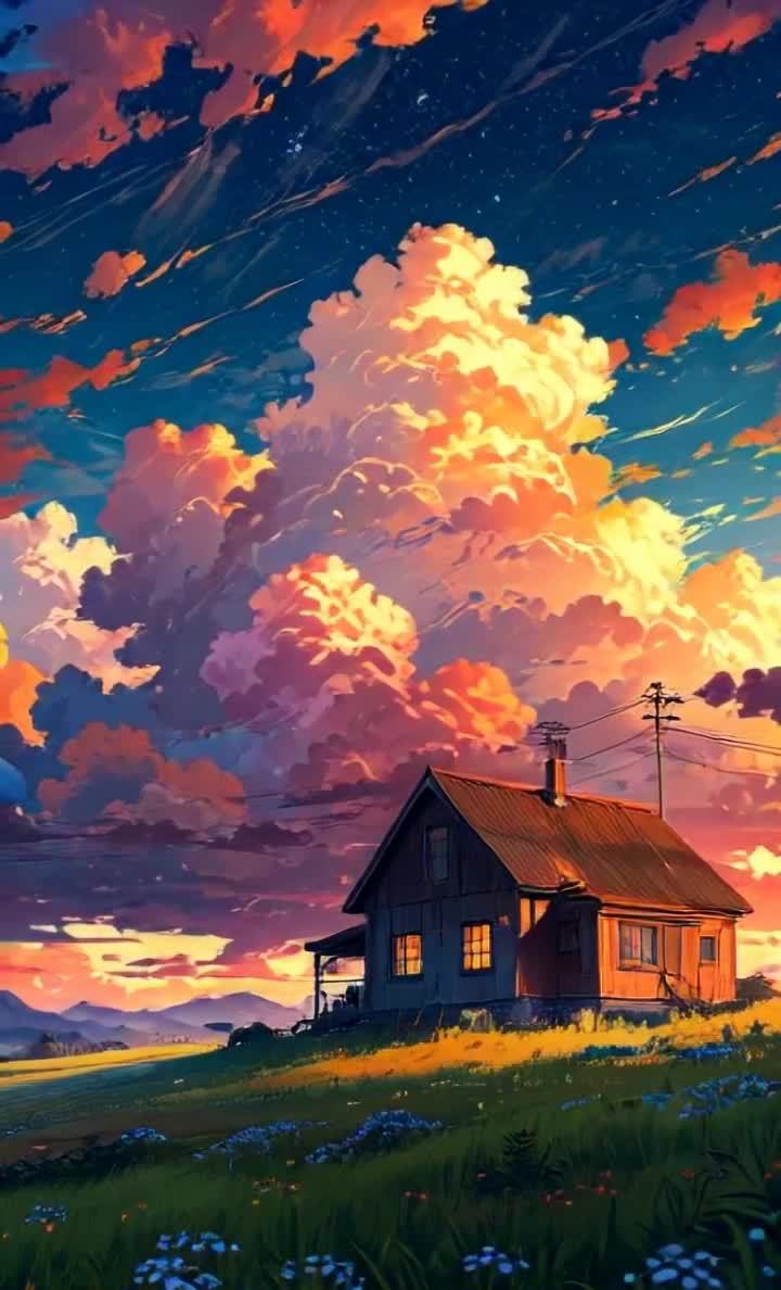 田园小屋与梦幻晚霞云彩风景画