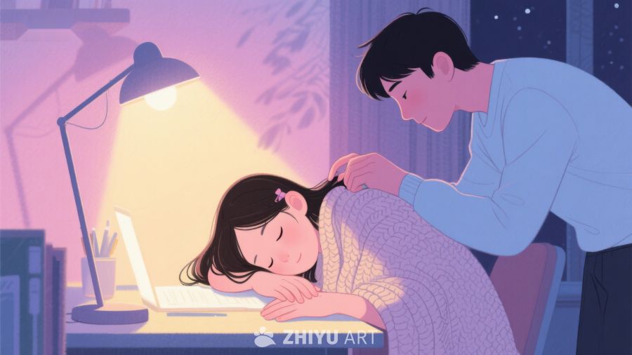 温馨夜景：父亲为熟睡的女儿盖毯 455