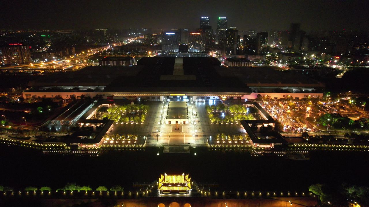 江苏苏州姑苏区老城区夜景灯光航拍 