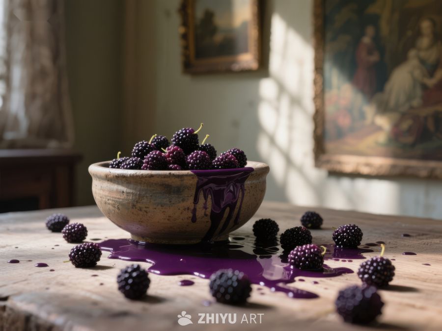 紫莓溢出碗，洒落木质桌面 815