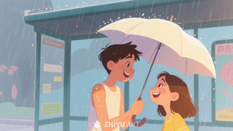 雨中共享伞的温馨时刻 623