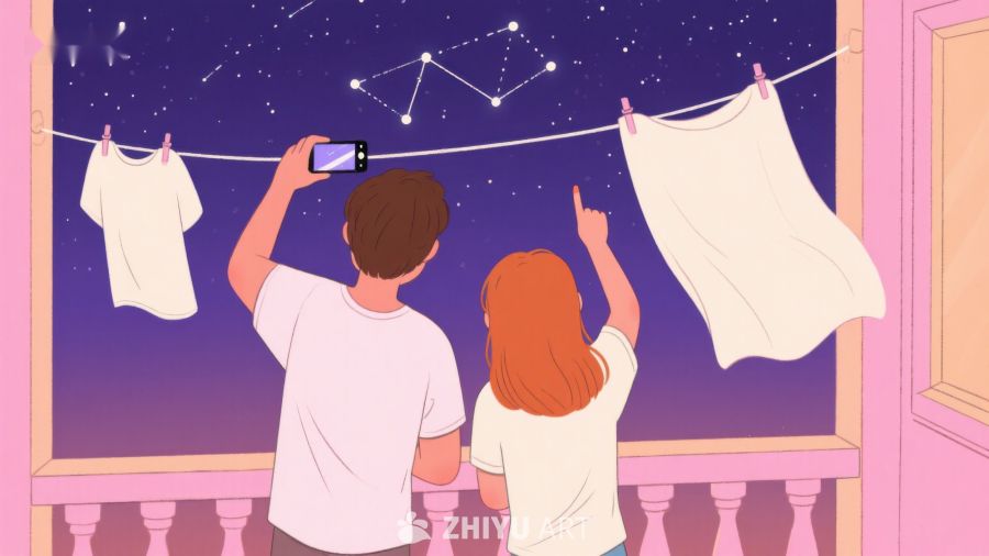 夜空下晾衣的两人 584