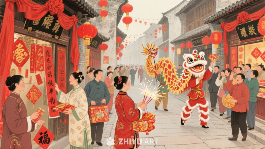 春节街头舞龙舞狮庆祝场景 8