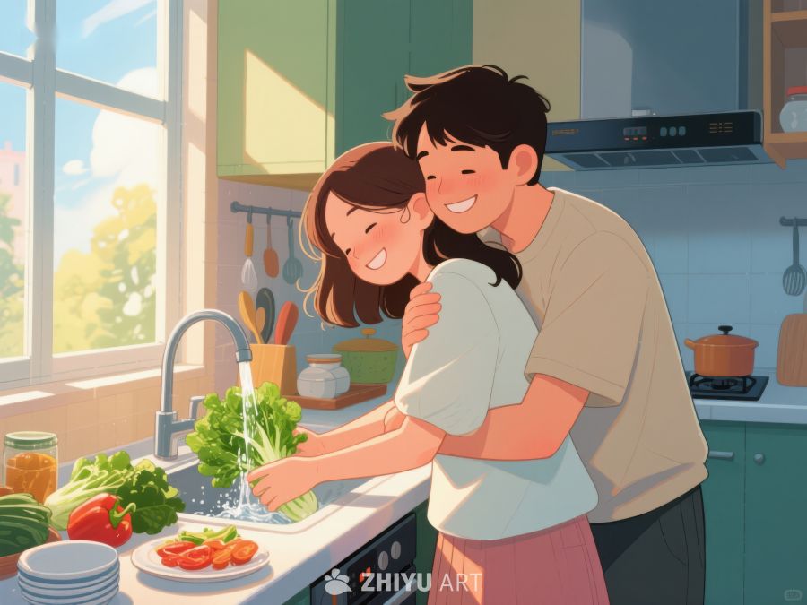 厨房温馨时刻：情侣共同洗菜 48