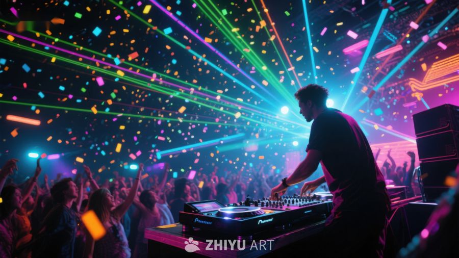 夜店DJ表演，彩色激光与人群狂欢 858