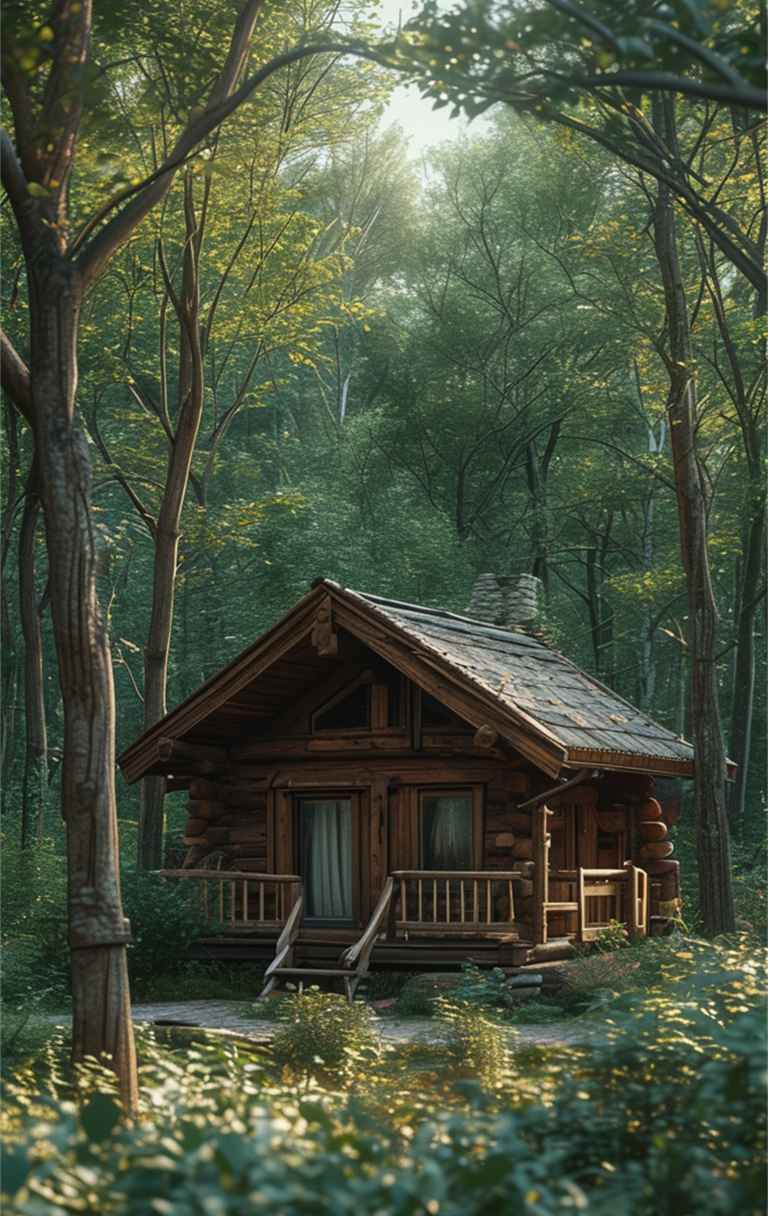 森林中的木屋旁，树木环绕 3