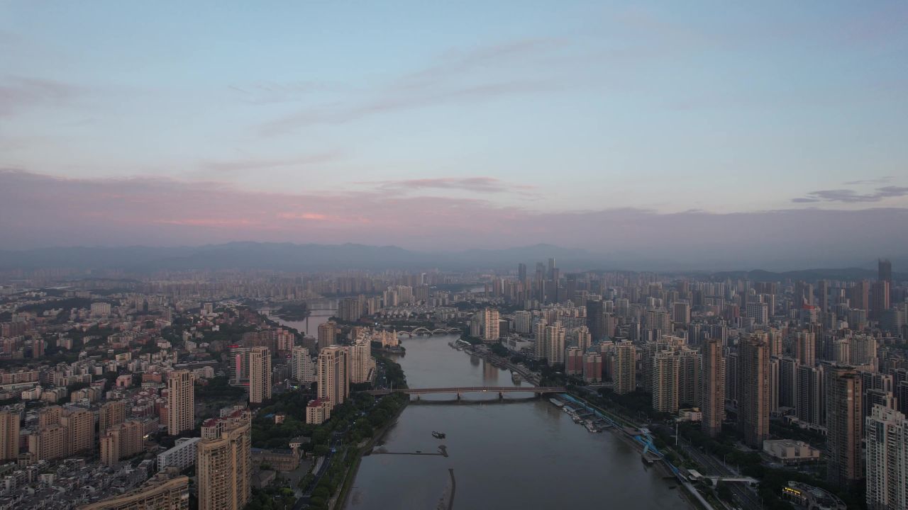 福建福州城市清晨闽江日出航拍