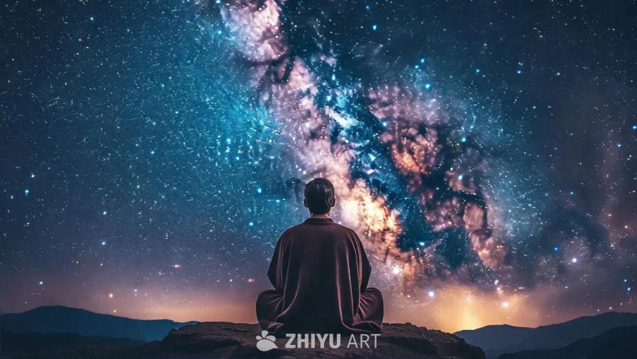 一个人坐在岩石上，背对着观众，抬头望着星空。星空中