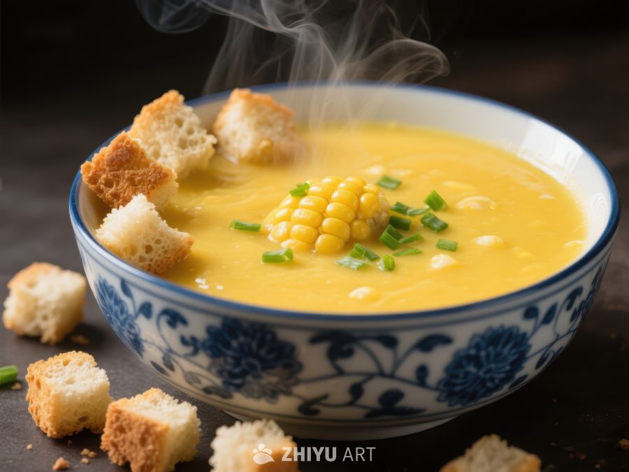 热腾腾的玉米浓汤配面包丁
