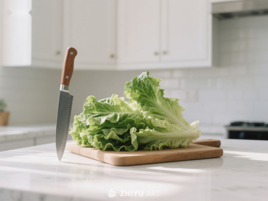 厨房案板上的生菜与刀具 44