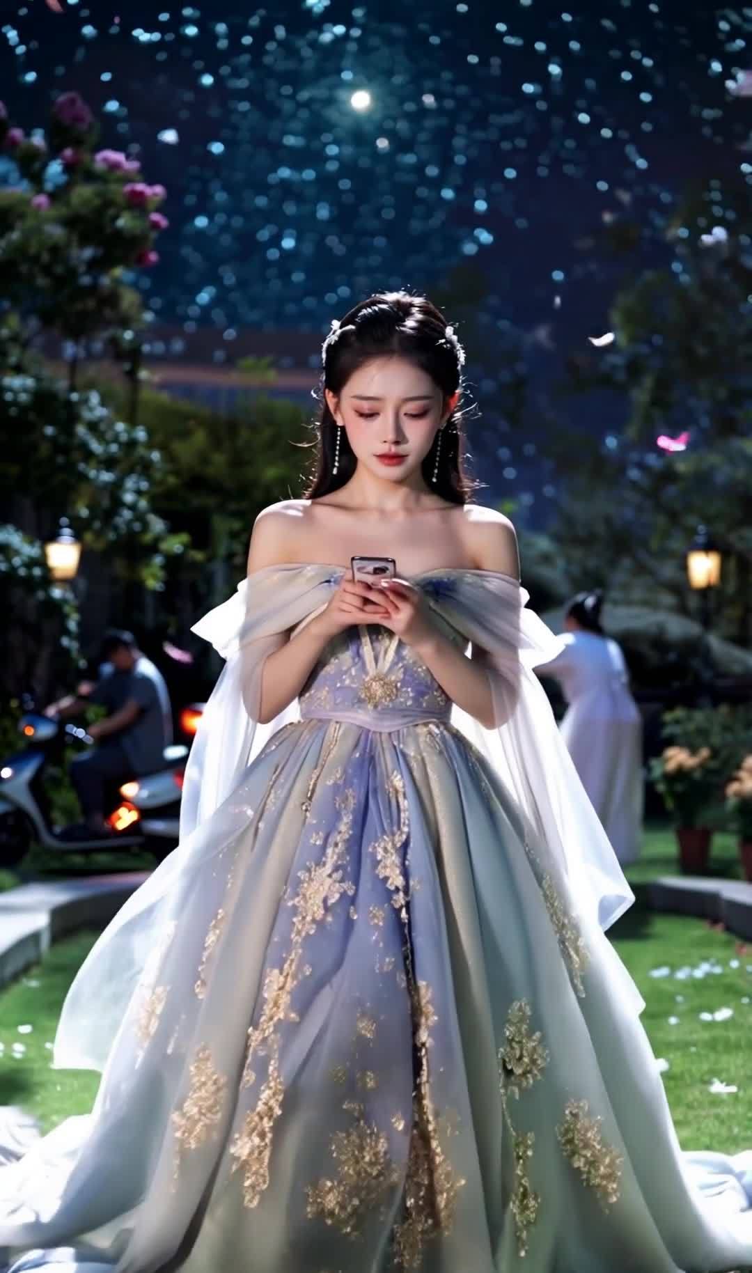 一位年轻女子身穿浅蓝色抹胸长裙，裙子上装饰有金色花