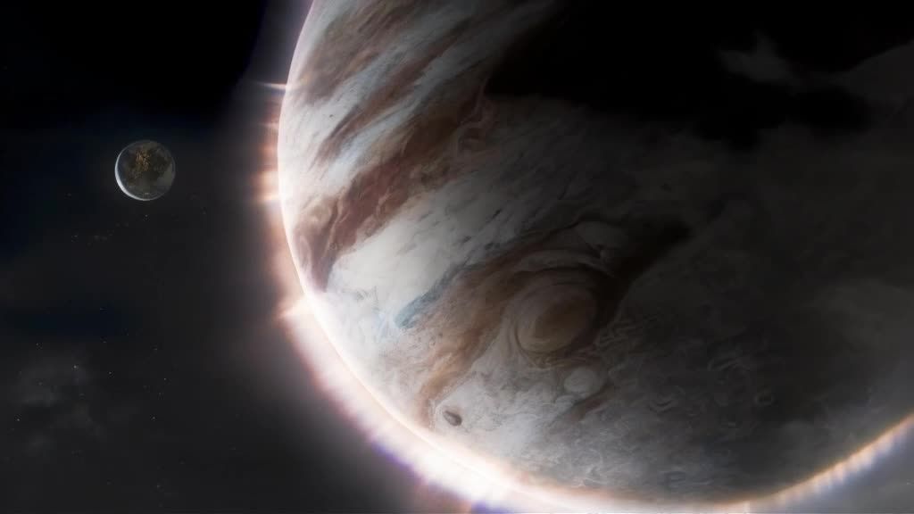 一个巨大的行星占据了画面右侧大部分，其表面呈现白色