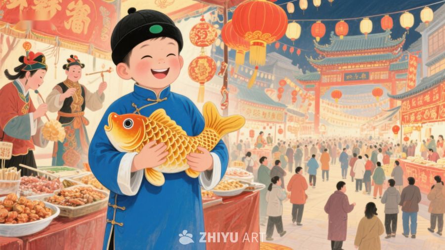 热闹街市，童子手捧金鱼 809